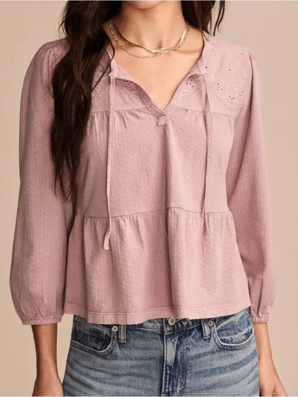 Lucky Brand Dusty Mauve Embroidered Top